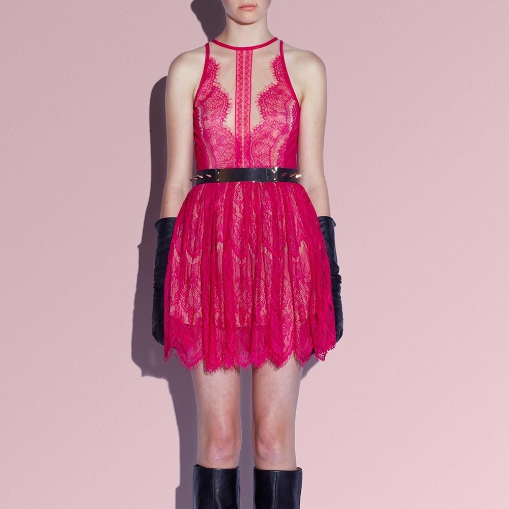 Three Floor Lace Up Dress Hot Pink/Nude